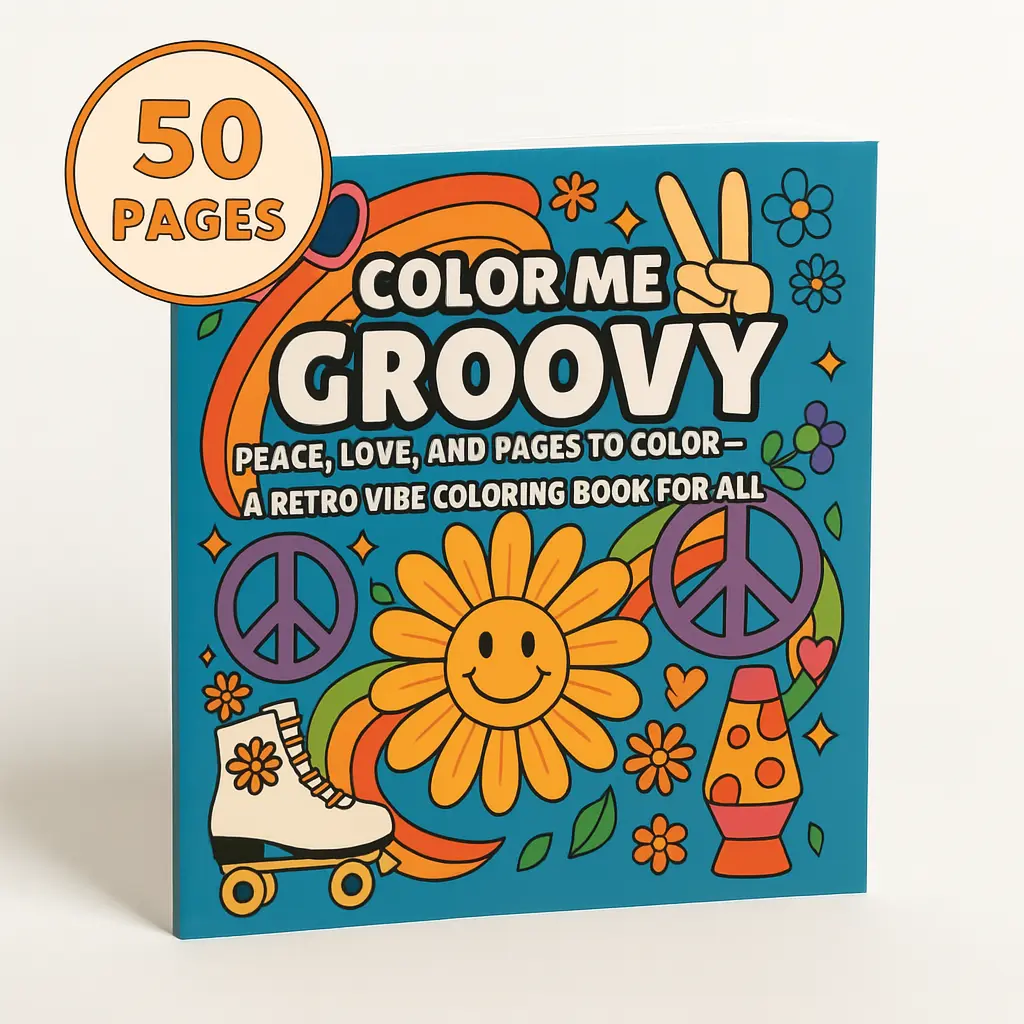 Razbry Reefs LLC Vintage Adult Coloring Book - Color Me Groovy, 50 Bold and Easy 70s Hippie Pages for Relaxation & Creativity, Features Peace Signs, Lava Lamps, Roller Skates (Office Art Supplies), Bold And Easy Coloring