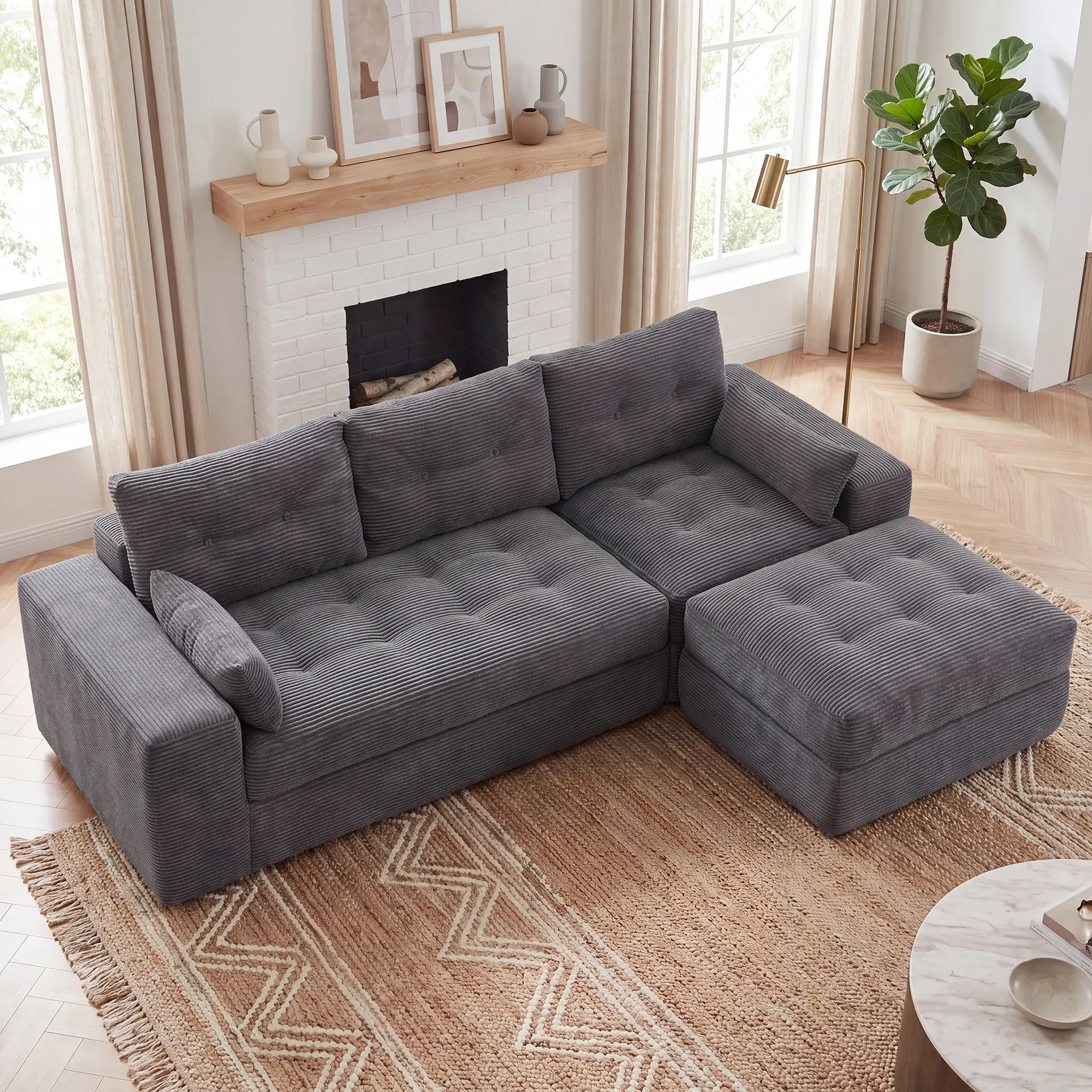 【JOYVELLEHEIM】100in L-Shaped Corduroy Upholstered Sectional - Boneless Cloud Sectional Couch with Ottoman, No Assembly Required, Removable Covers, Wide Armrests, Convertible, 25.5″ H, 62.6″ W, for Apartment Living Room, Modern Indoor Furniture