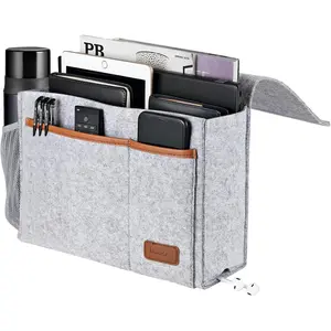 Bedside Caddy, Felt Bed Storage Organizer Hanging Bag Holder with 5 Pockets, Magazine Book Phone Tablet iPad Cables Remote and Water Bottle Holder for Home Dorm Bed Sofa, Light Gray