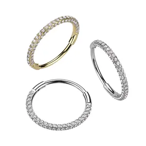 20G Triple Sided CZ Paved Nose Hoop • Clicker Hoop Ring • Implant Grade Titanium • Thin Nose Ring • Septum Ring • Seamless Hoop • Hinged Segment • Helix Ring • Cartilage Piercing • Daith Hoop • Clicker Earring • Gold • Silver