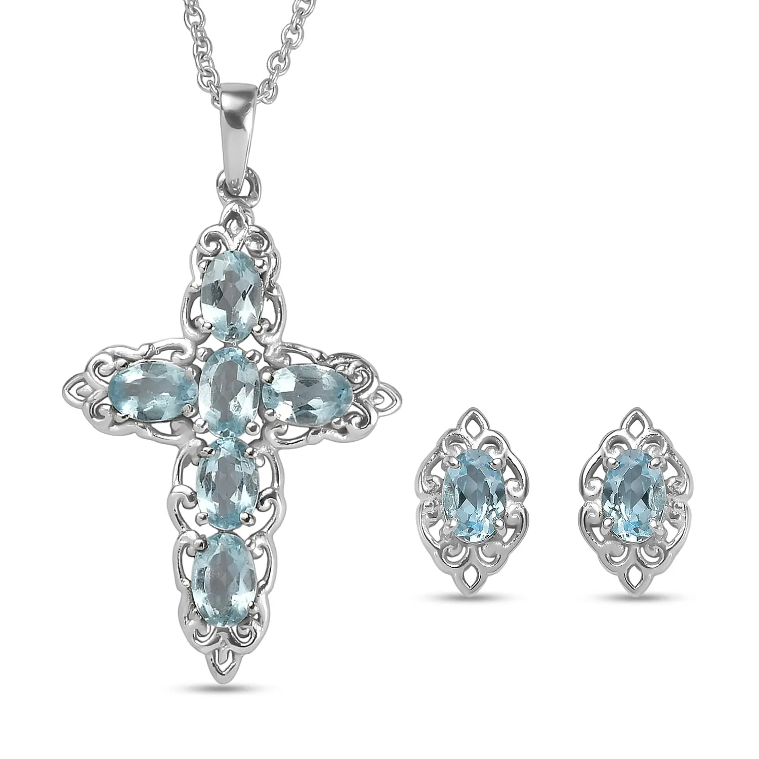EverTrue Sky Blue Topaz Earrings and Cross Pendant Necklace (20 Inches) in Stainless Steel 4.70 ctw
