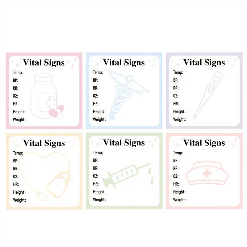 6/12 Vital Signs Sticker Sheets 3.0x3.0-inch self-adhesive medical record stickers Sticker Packs, Self Adhesive Labels, featuring heart rate, blood pressure, blood oxygen saturation, body temperature, height, and weight information