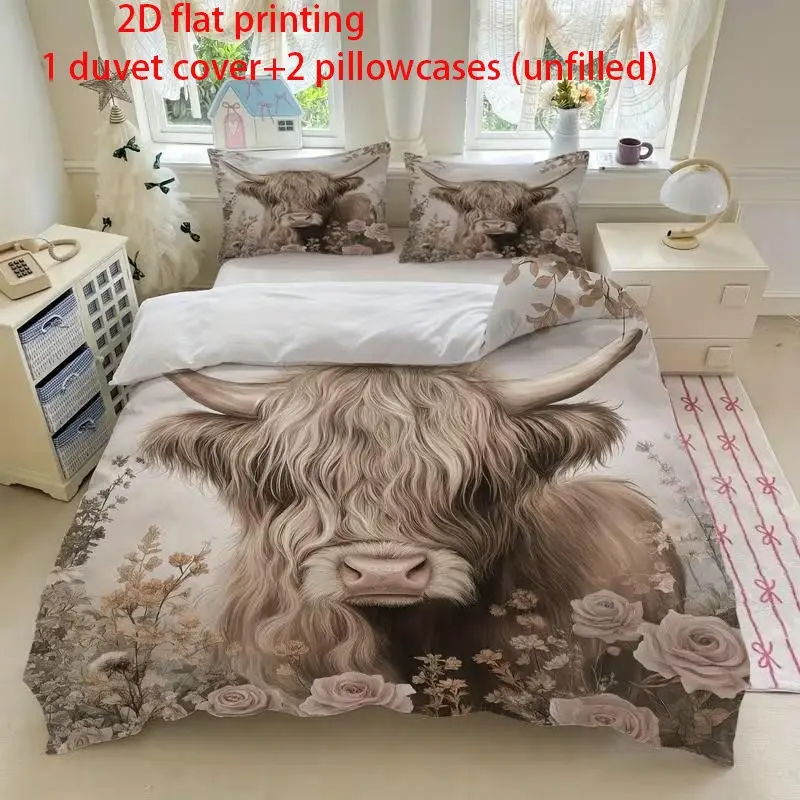 Highland Cow Flower Print Decorative Bedding Set (3-Piece), Includes 1 Duvet Cover and 2 Pillowcases (No Fill), Perfect for Cozy Bedroom Decor, Comfy Bedding Set, Bed Sets
