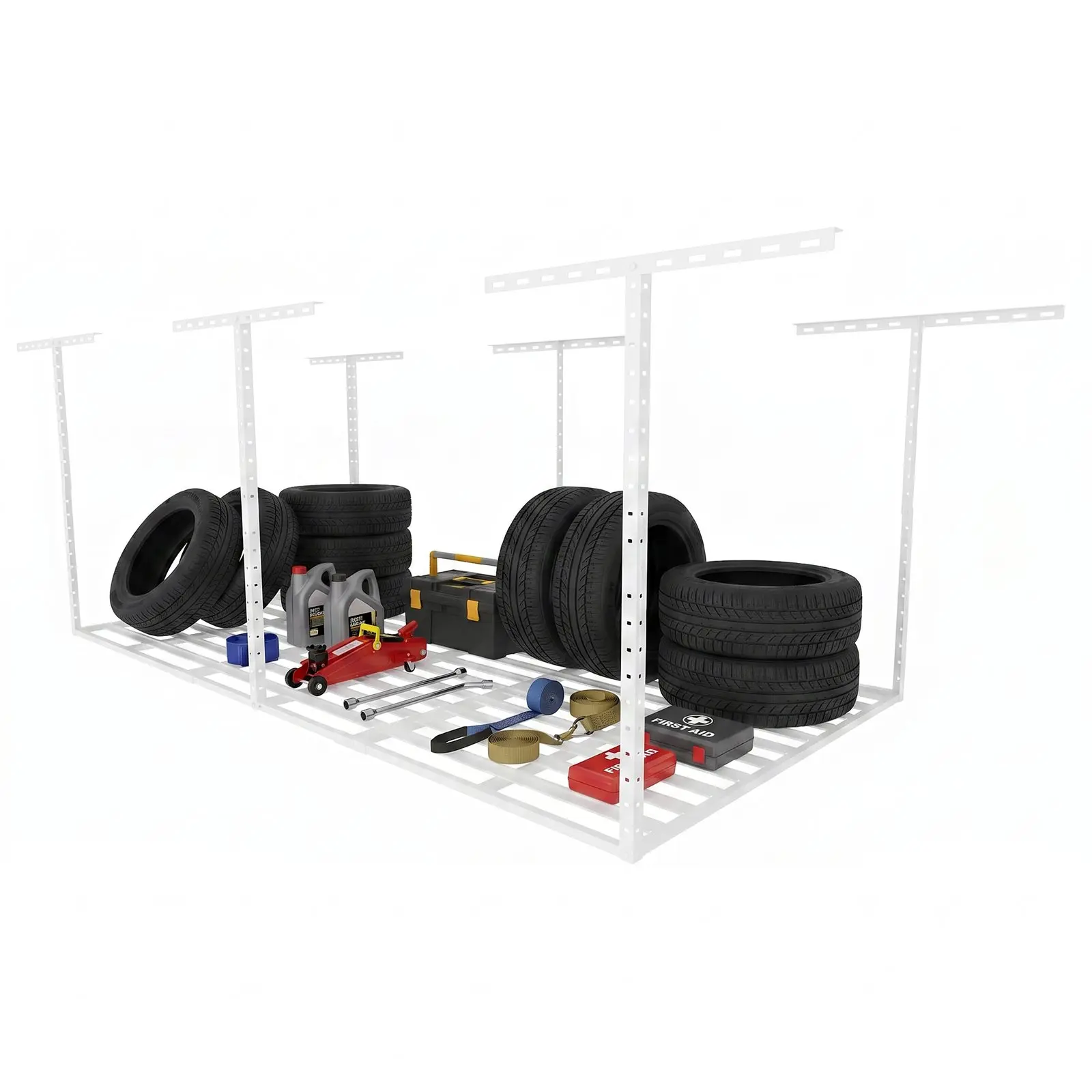 3X8FT Overhead Garage Storage Rack, 22"-40" Height Adjustable Garage Ceiling Storage Racks, Heavy Duty Metal Overhead Storage Organizer System, 800LBS Weight Capacity, Black&White