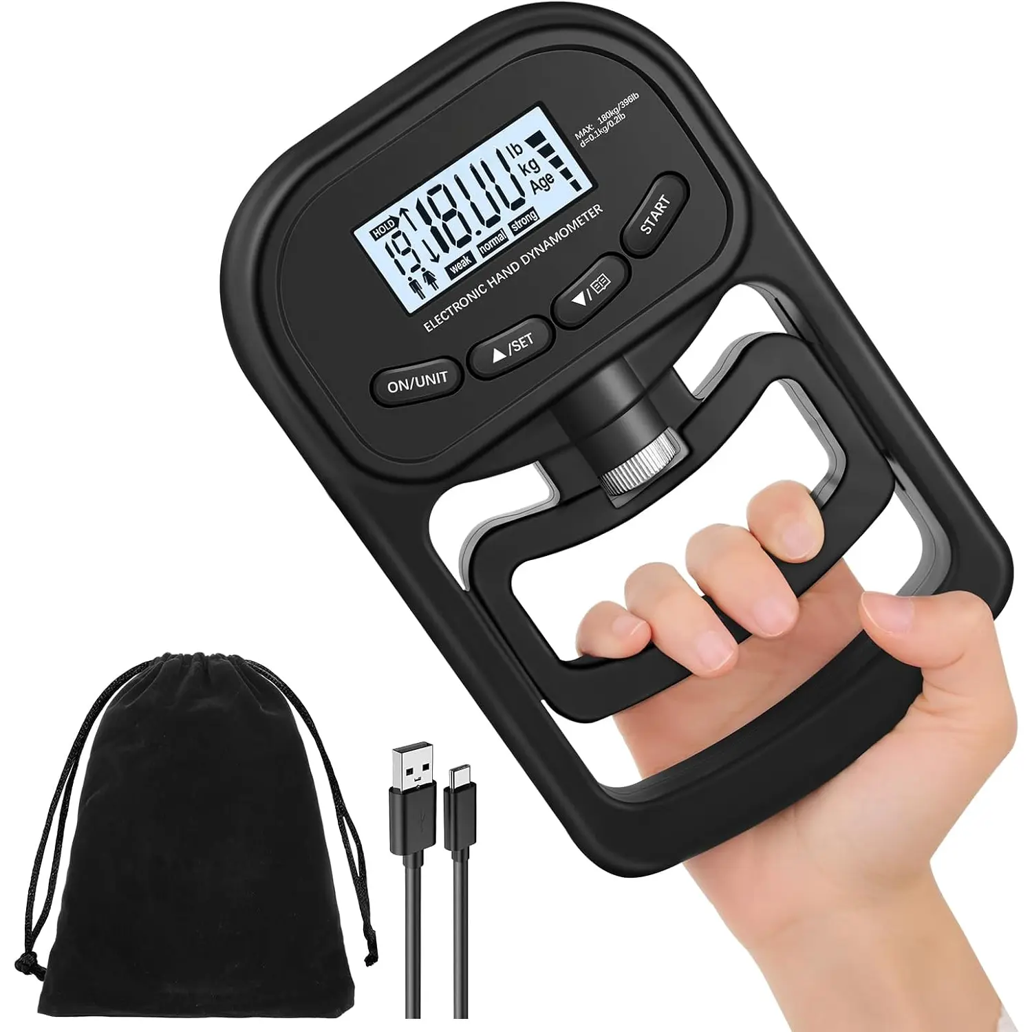 Grip Strength Tester, 396lbs/180kg Rechargeable Exerciser Meter Digital Hand Dynamometer Grip Strength Trainer  Hand Grip Strengthener with LCD Display for  Home School Use
