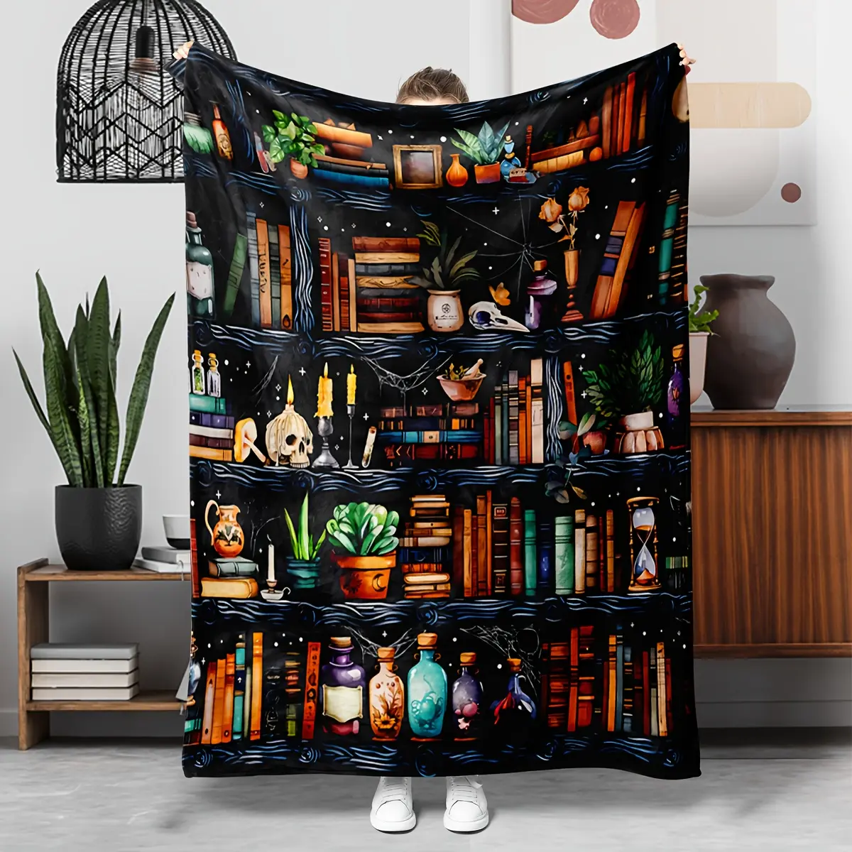 1 Piece Handmade Crochet Gothic Print Magic Bookshelf Flannel Blanket - Soft, Breathable, Wrinkle Resistant, Machine-Washable, All-Season Bedding Throw for Adults, Whimsical Home Decor, Room Decor, Fantasy Look