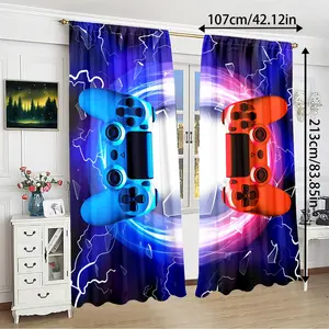 2pcs HD Digital Print Blue Game Controller Pattern Curtains, Room Decor Curtain, Polyester Material, Semi-Transparent Privacy Protection, Washable