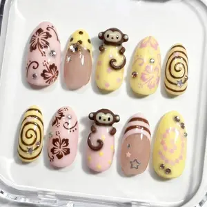 Y2K Tropical Press On Nails, 3D Monkey Hibiscus Nails, Vacation Nails, Retro Summer Nails, Handmade Gel Nails, Reusable Nail Set