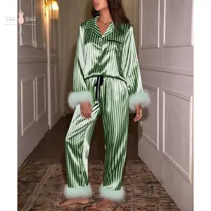 Womens Christmas Silk Pajamas Long Sleeve Feather Trim Button Down Shirt and Pants 2 Piece Bridal Pajama SetGift