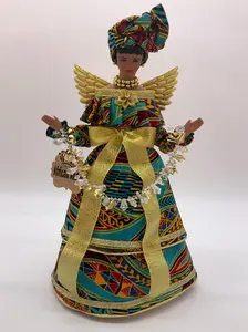 Angel Tree Topper, Gold Christmas Decor, Christmas Angels, Afrocentric Angel Tree Topper, Black Angel - Ankara Turquoise and Gold