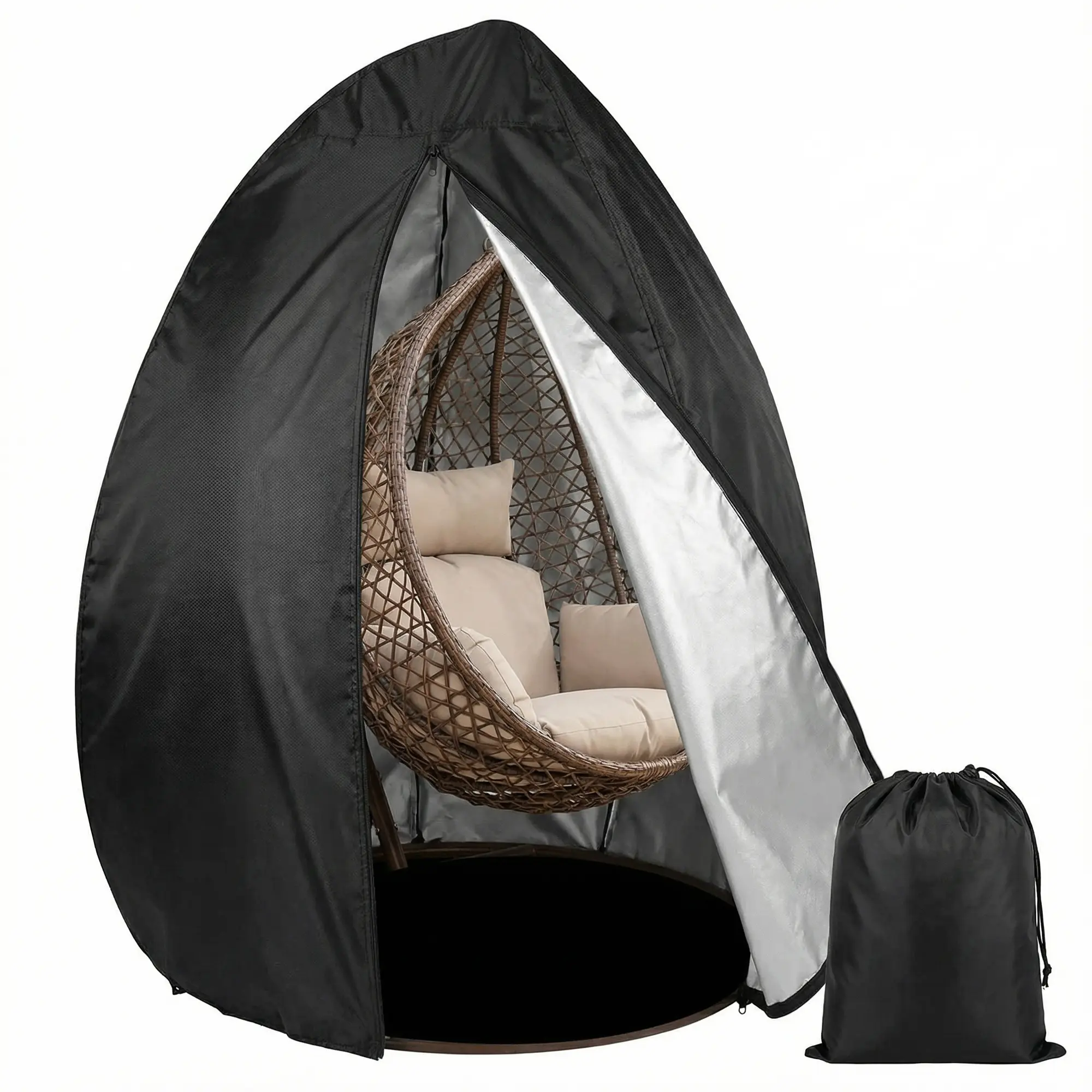 Polyester Waterproof Outdoor Egg Swing Chair Cover with Zipper & Drawstring, Garden Furniture Cover for Outdoor Egg Chair Owners, Cleaning-Friendly Storage Bag with Black Waterproof Lining