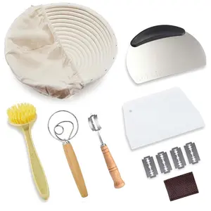 Bread Fermentation Basket Set, 9 Inch Round Basket with Cloth Liner, Includes Dough Mixer, Cutter, Scraper, Cleaning Brush, Home Kitchen Tools