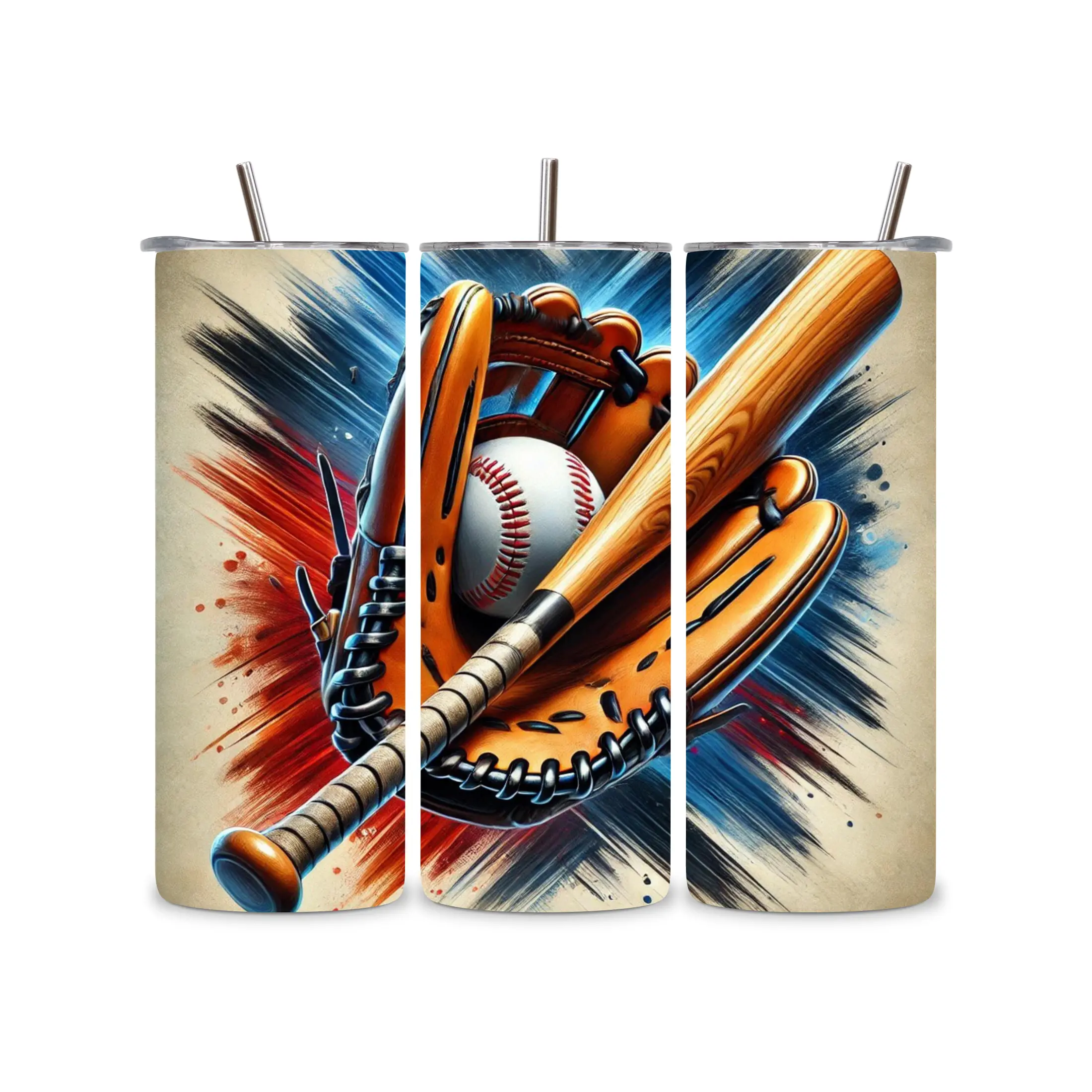 Baseball Themed Insulated Tumbler with Straw, Bat, Glove and Ball Design for Sports Fans