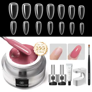 Tricolor Fish 280-Piece Nail Tip Extension Nail Supplies Kit - 3-in-1 35g Reinforcing & Building Gel (Jelly, White, Black and Pink Shades) with Mini Curing Lamp, Base Coat, Top Coat