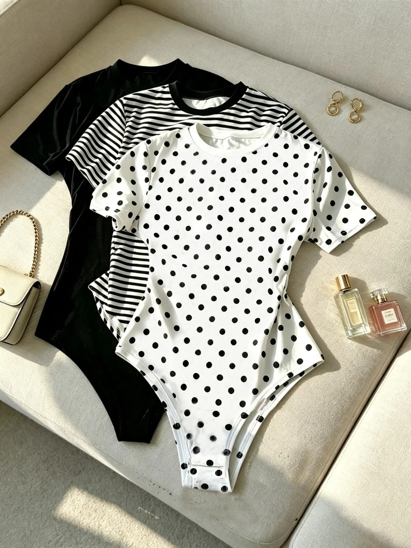 Women’s Short Sleeve Slim Fitting Bodysuit, Polka Dot & Striped Print Crew Neck Top, Slim Fit Basic Tee, Casual Chic Aesthetic, Stretchy Soft Fabric, Versatile for Daily Wear and Summer Outfits for Fashion Women Womenswear