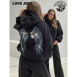 High Street Fashion Women Loose Long Sleeve Pullover Hoodie With Angel Wings Rhinestone Decor, Pocket, Blingbling Streetwear, Autumn/Winter Fabric Womenswear Day Fit