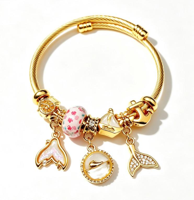 Ocean Mermaid Gold Cable Bangle Bracelet, Pink Floral Glass Bead with Sailboat & Mermaid Tail Charms, Luxury Beaded Jewelry Gift for Women