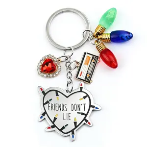Stranger Things Keychain with Rhinestone Heart Bulb Pendant Laser Engraved Keyring Steel Plate Hanging Craft Kit