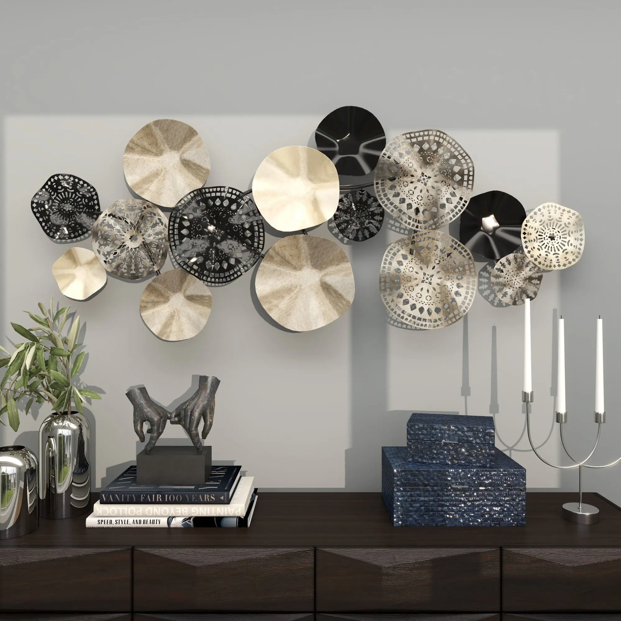 Silver Metallic Textured Flower Sculpture Wall Decor, Hanging Home Decoration with Black Accents