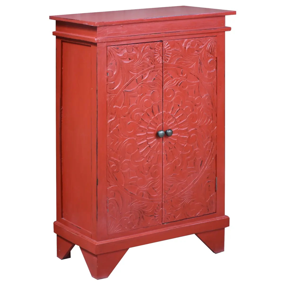 Sunset Trading Hand Painted Cottage Solid Wood Carved Accent Cabinet - Distressed Antique Red, CC-CAB236LD-AR, Hand Painted Cabinets, Wood Cabinets, Crafted Cabinets