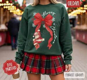 Red Santa Bow Sweatshirt, Trendy Women's Christmas Crewneck