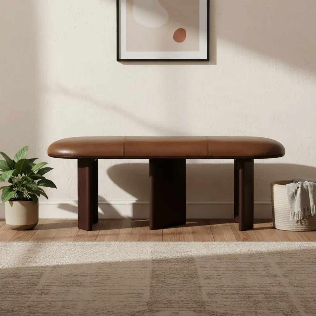 HomeRoots 694828 Genuine Leather Upholstered Compact Multi-Use Bench - 18x48x16in Brown, Commercial Grade Rectangle, 500 lbs Solid Wood Straight Leg Lacquer Base, Contemporary, Office/Entryway Use, Assembly Required
