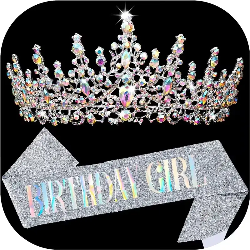 Women's Adjustable Crystal Birthday Sash Set - Bonus Pin, Bold Letters, Princess Crown Headband, Silver Party Decoration Gift Supplies (Sports & Outdoor Accessories)