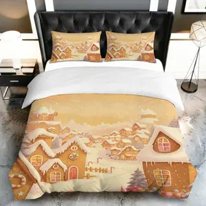 3PCS Duvet Cover Set, 1 Duvet+2 Pillowcases(Without filler), Gingerbread Snowy Village Winter Christmas Theme, Christmas bedding set, Holiday Cozy Magical Suitable for decoration Bedroom, Guest Room, Hotel, Cottage.