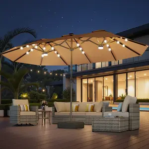 【Monochrome Lighted Umbrella】XIZZI 15FT Large Patio Umbrellas with Base Included, Outdoor Double-Sided Rectangle Market Umbrella with Crank Handle, for Pool Lawn Garden