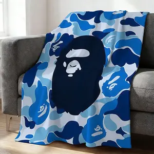 Blue Camo Throw Blanket, Stylish Flannel Blanket for Home Decor, Ideal for Camping Trips, Travel Adventures, and Cozy Office Warmth, Perfect Gift for Streetwear Enthusiasts, Soft and Comfortable