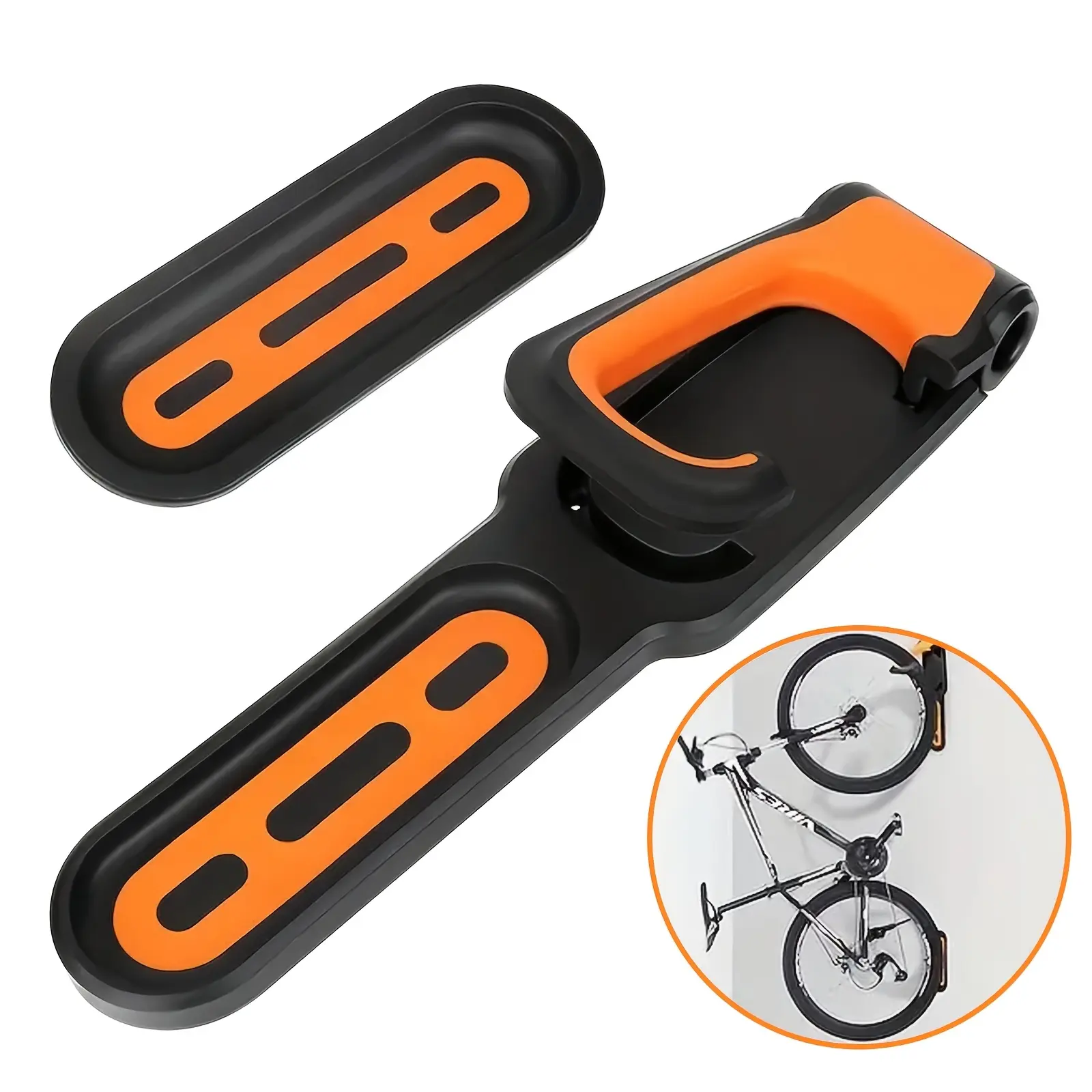 2-Pack ABS Plastic Wall-Mount Folding Bike Hooks, Black & Orange Bicycle Accessory Hooks & Rails, Durable Indoor Garage Space-Saver Compact Easy-Install Storage Holders for Bikes