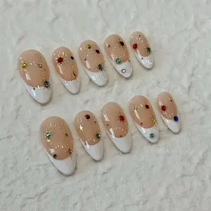Celestial French Tip Press On Nails – White Almond Star Rhinestone Reusable Fake Nails