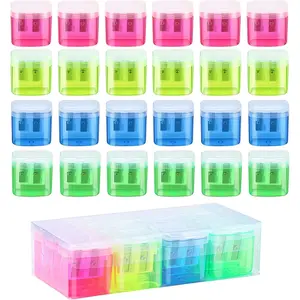 24 Pieces Manual Dual Holes Pencil Sharpener with Lid Portable Colorful Crayon Sharpener for Kids & Adults School Office Home Travel