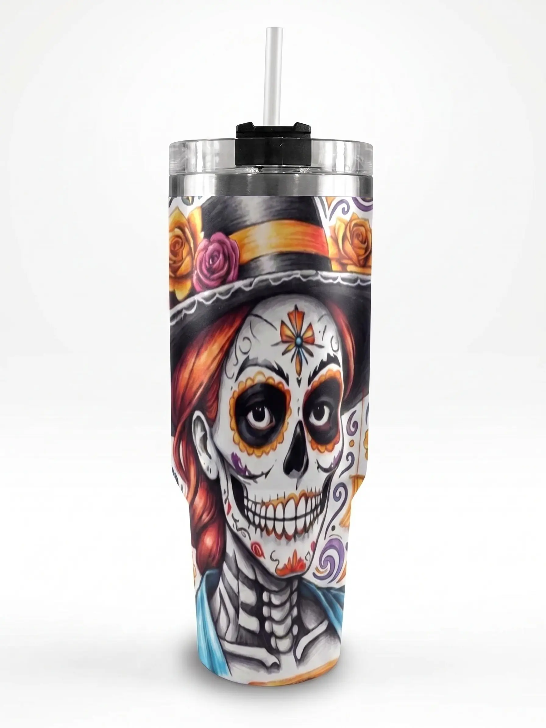 40oz Sugar Skull Lady Stainless Steel Insulated Flask - Portable Stylish Mexican Art Drinkware with Handle, Calavera Floral Gothic Skeleton Water Bottle for Coffee