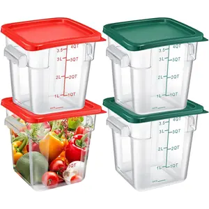 4 Pcs 4Qt Food Storage Container with Lids Set Square Clear Commercial Containers with Scale and Handle Space Saving for Home Kitchen Restaurant Proof Dough Marinating Meat (Red, Green)