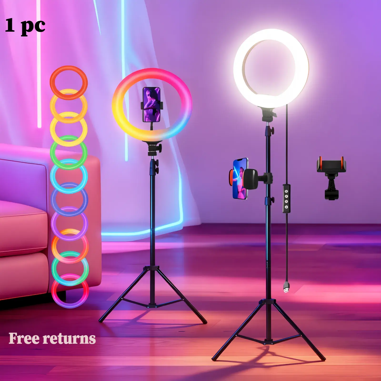 12 Inch LED Ring Light with 63 Inch Tripod Stand and 2 Phone Mounts, Adjustable Brightness and RGB Color Modes Selfie Light for Makeup, Video Recording, Live Streaming, TikTok, YouTube, Vlogging, Perfect Gift for Content Creators and Streamers