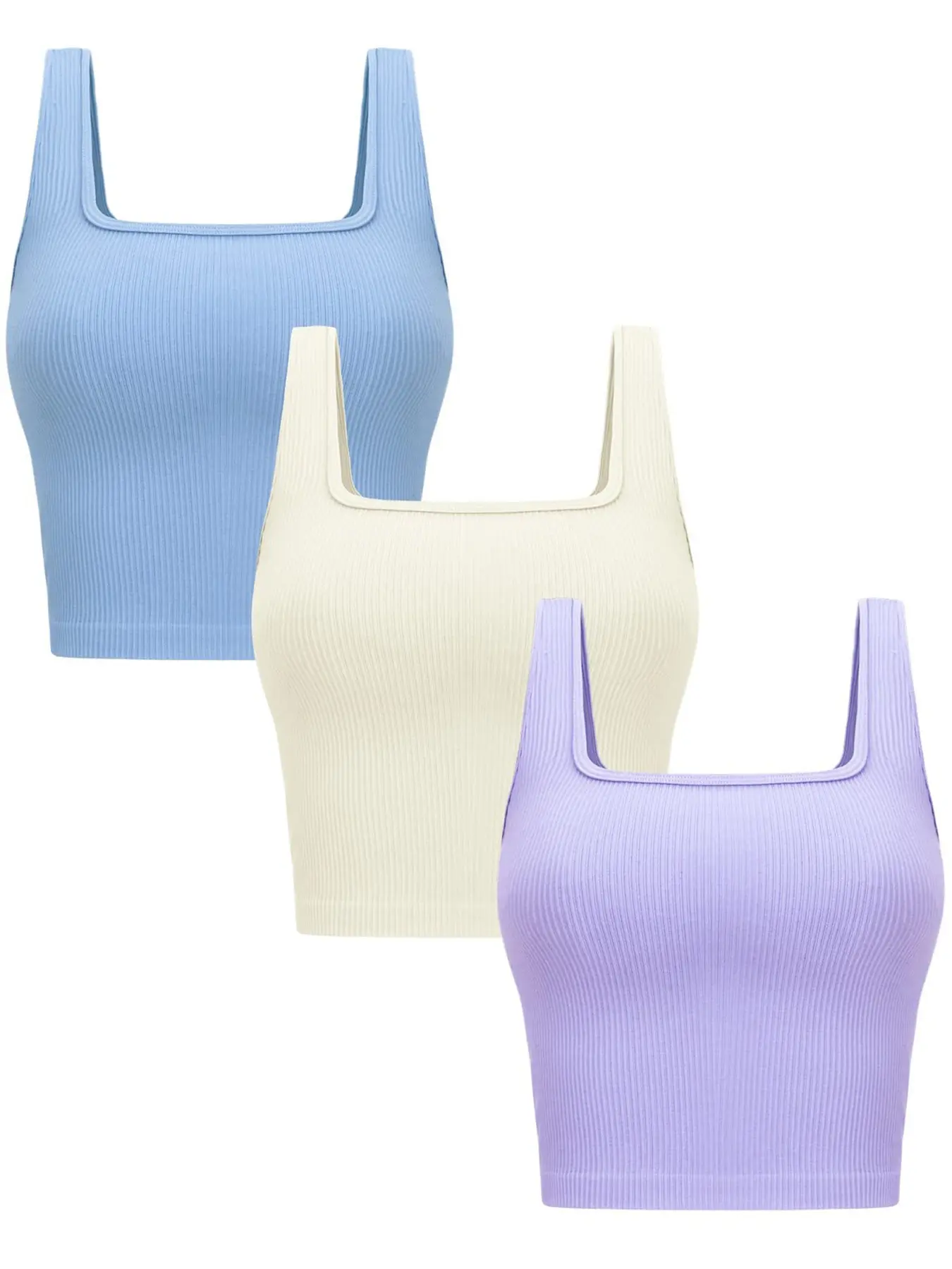 Women's Fashion Seamless Crop Tops - 3-Pack Ribbed Square Neck Sleeveless Slim-Fit Camisole, Casual Daily Layering Female Tank Top for Sports & Outdoor Use, Tank Top For Women