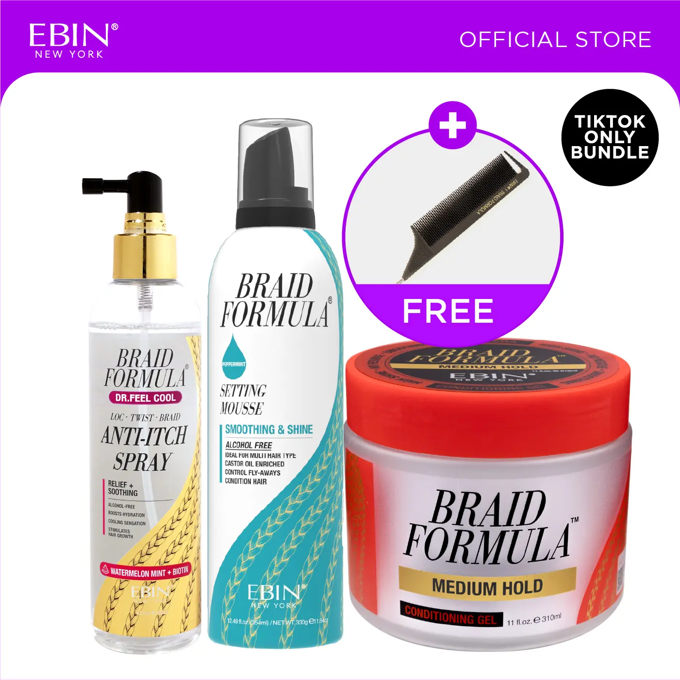 EBIN Braid Formula Conditioning Gel + Setting Mousse Menthol + Scalp Cooling Anti-Itch Spray Watermelon Mint & Biotin Bundle with FREE Pintail Parting Carbon Comb | Knotless Braids, Twists & Locs, Scalp Relief, Frizz Control, Clean Parts & High Shine