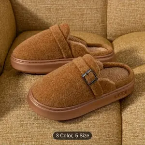 Cozy Winter Warmth Women's Plush Fleece Slippers Camel Color with Adjustable Buckle Strap Non-Slip EVA Sole Soft Indoor Outdoor Comfort Shoes for Home & Casual Wear