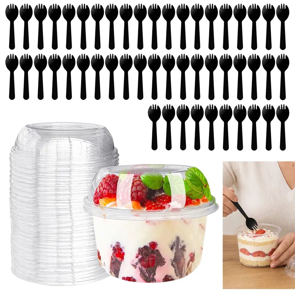 50pcs 12oz Plastic Dessert Cups Clear Acai Bowls with Lids Disposable Fruit Parfait Cups Containers with 50 pcs Spoon for Cupcake Yogurt Pudding Yogurt Parfait Smoothie