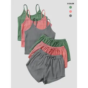 Six-piece women’s solid ribbed shorts set featuring a casual soft cropped top and elastic-waist shorts; summer clothing; outdoor vacation summer set; cute summer set GARMENTARY