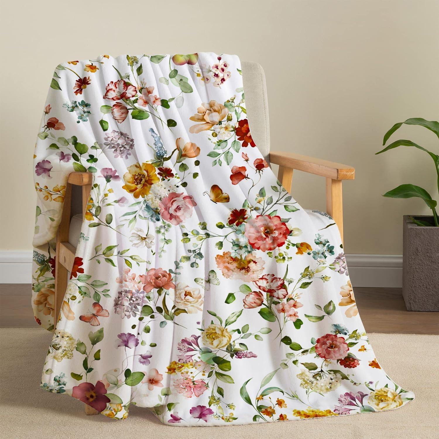 Floral Blanket Vintage Flowers Blankets Butterfly Wildflowers Throw Blanket Soft Cozy Flannel Fleece Throw Blanket Colorful Daisy Plants Bed Blanket for Couch Sofa, 50"×60"