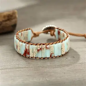 Boho Stone Leather Wrap Bracelets Shoushan Stone Handmade Beaded Cord Bracelet