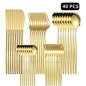 40-Piece Gold Stainless Steel Silverware Set for 6 - Mirror-Polished Knives Forks Spoons Teaspoons & Dessert Forks Durable Dishwasher-Safe, little  silverware Flatware Set with Knives Organizer tableware