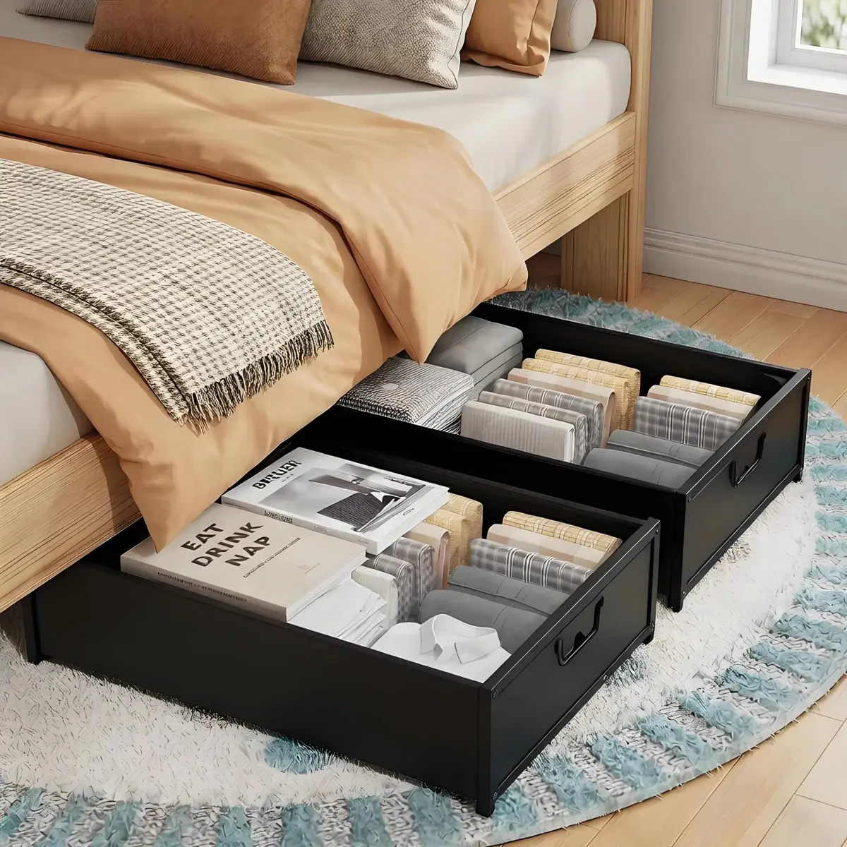 Under Bed Storage Box, Set of 2, Rolling Storage Bins with Clear Lids, Heavy-Duty Metal Frame