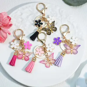 Women's Vintage Butterfly Floral Tassel Keychain, Retro Delicate Bag Charm Key Fob, Stylish Aesthetic Accessory for Daily Use, Handbag Decor & Holiday Gifting