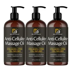 3 Piece M3 Naturals Cellulite Massage Oil 8oz-Smooth the Appearance of Cellulite EI-Body Care & Skin Care Massage Oil Topical Collagen and Plant Stem CellBody Oil to Restore Texture and Elasticity-Soothing Body Oil