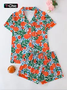 Women's All Over Print Pajamas Set, Button-up Short Sleeve Top & Elastic Shorts, Comfortable Summer Loungewear, Lady Elegant Nightwear, Womenswear, Casual Pajama Sets, Floral Pajama Sets