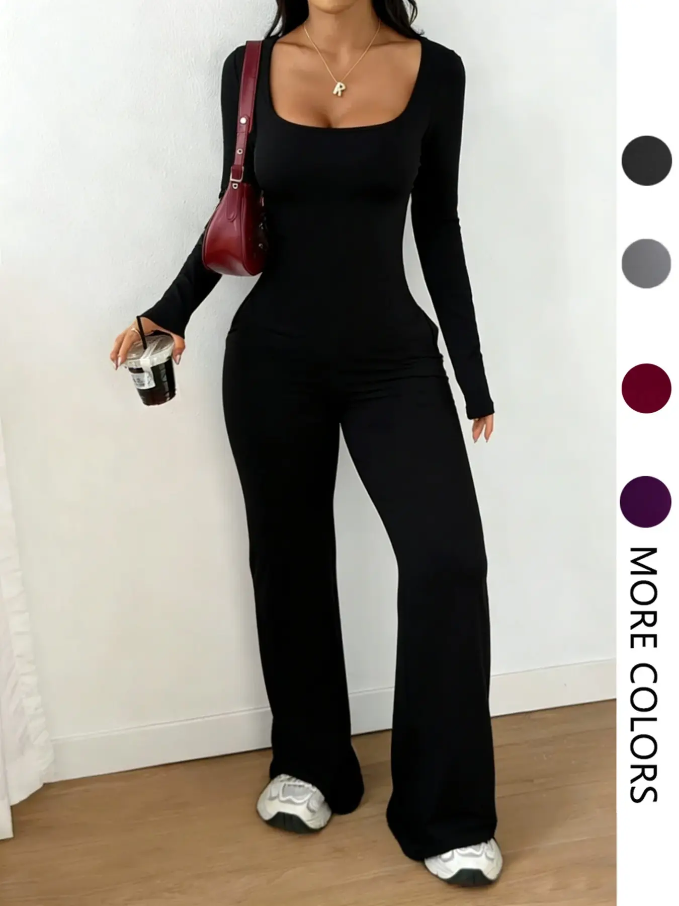 Women's Long Sleeve Jumpsuit, Womenswear, Lady Garment, Plain Color, High Waist, Elastic Bell Bottoms, Adjustable Strap, Pockets, Casual Loose Fit, All Seasons, Basic, Bell Bottom Overalls