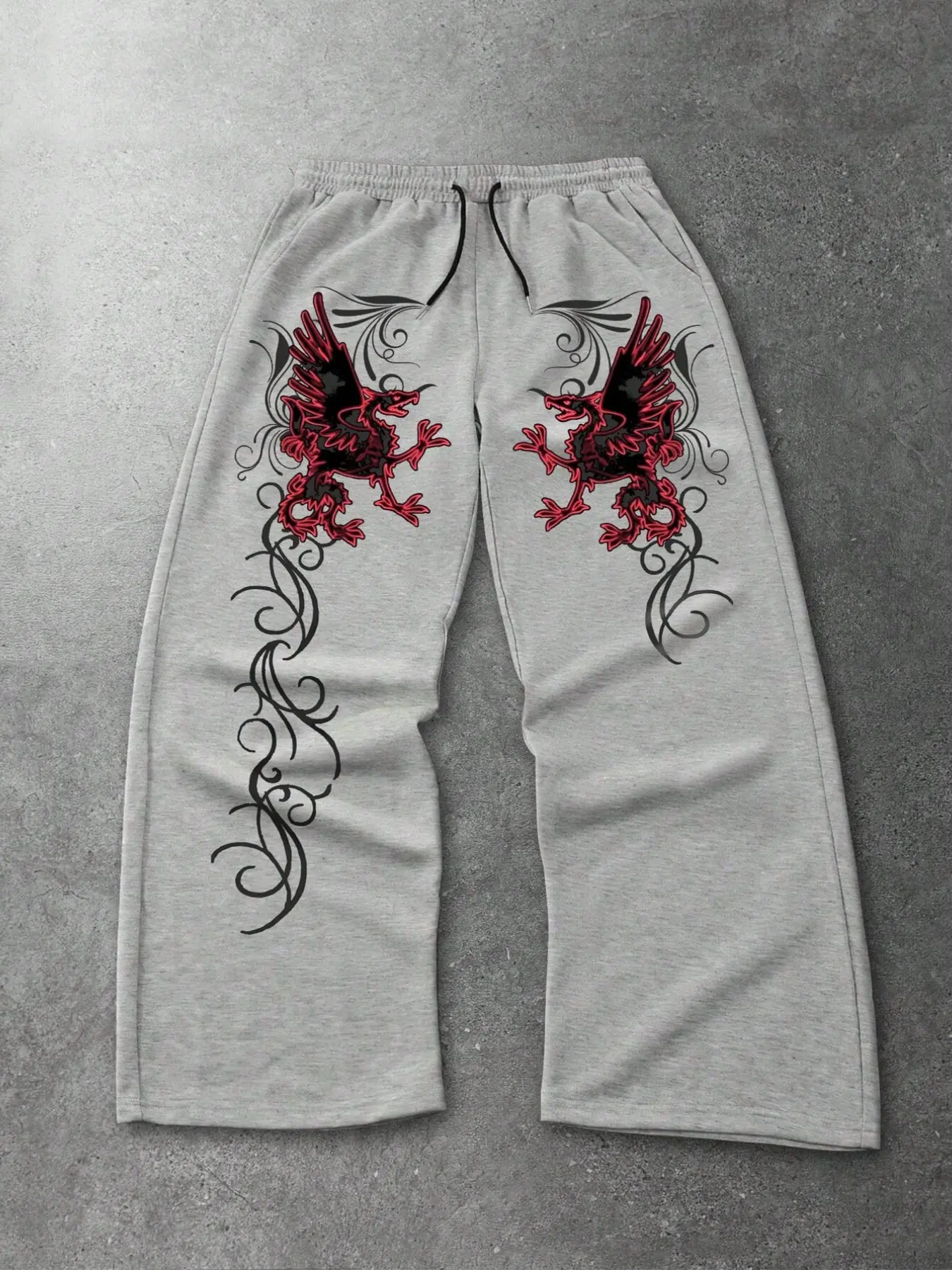 Cyberpunk Aesthetic Baggy Sweatpants with Gothic Dragon Print - Men's & Women's Loose Fit Grey Streetwear Pants for Skater Style, Clubbing & Casual Lounging